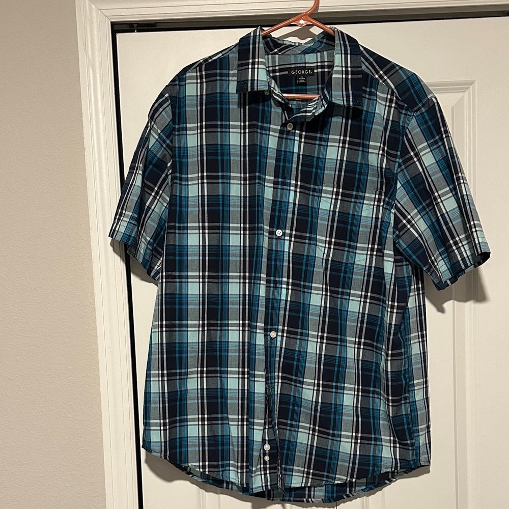 George Men's Casual Blue and Black Plaid Shirt